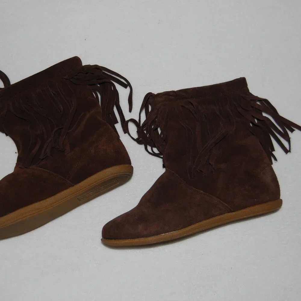 Nine West Genuine Leather Suede Fringe Boots, US 8M, Fur Lined, Chocolate Brown